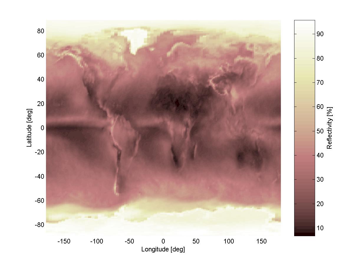 Plot of the 2001 annual mean of the TOMS reflectivity data.